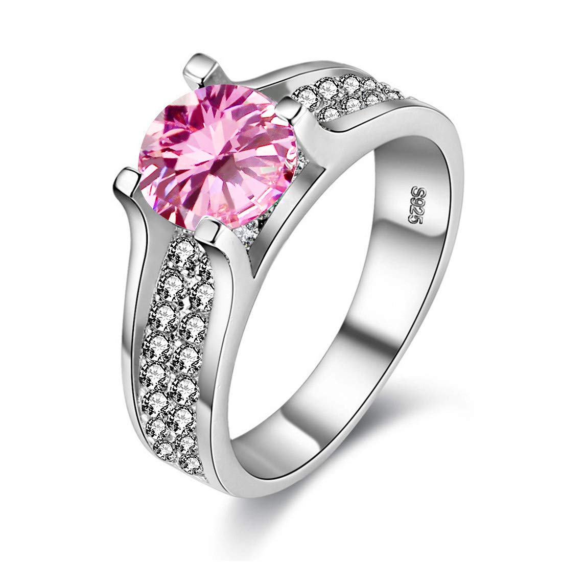 Uloveido Womens Pretty Pink Solitaire Ring Cubic Zirconia White Gold Plated Bridal Wedding Promise Band Rings Gifts for Girlfriend (Size O) Y006-Pink