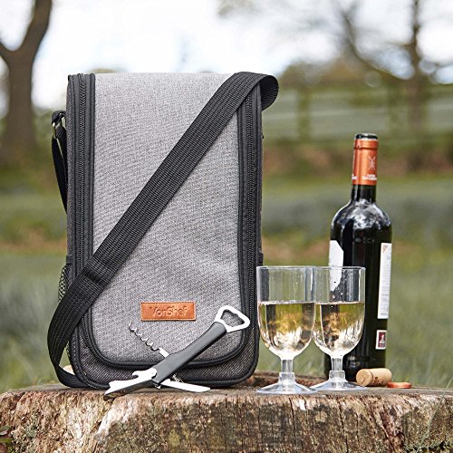 image for VonShef 2 Person Woven Grey Wine Carrier Bag Tote – Cooler Compartme