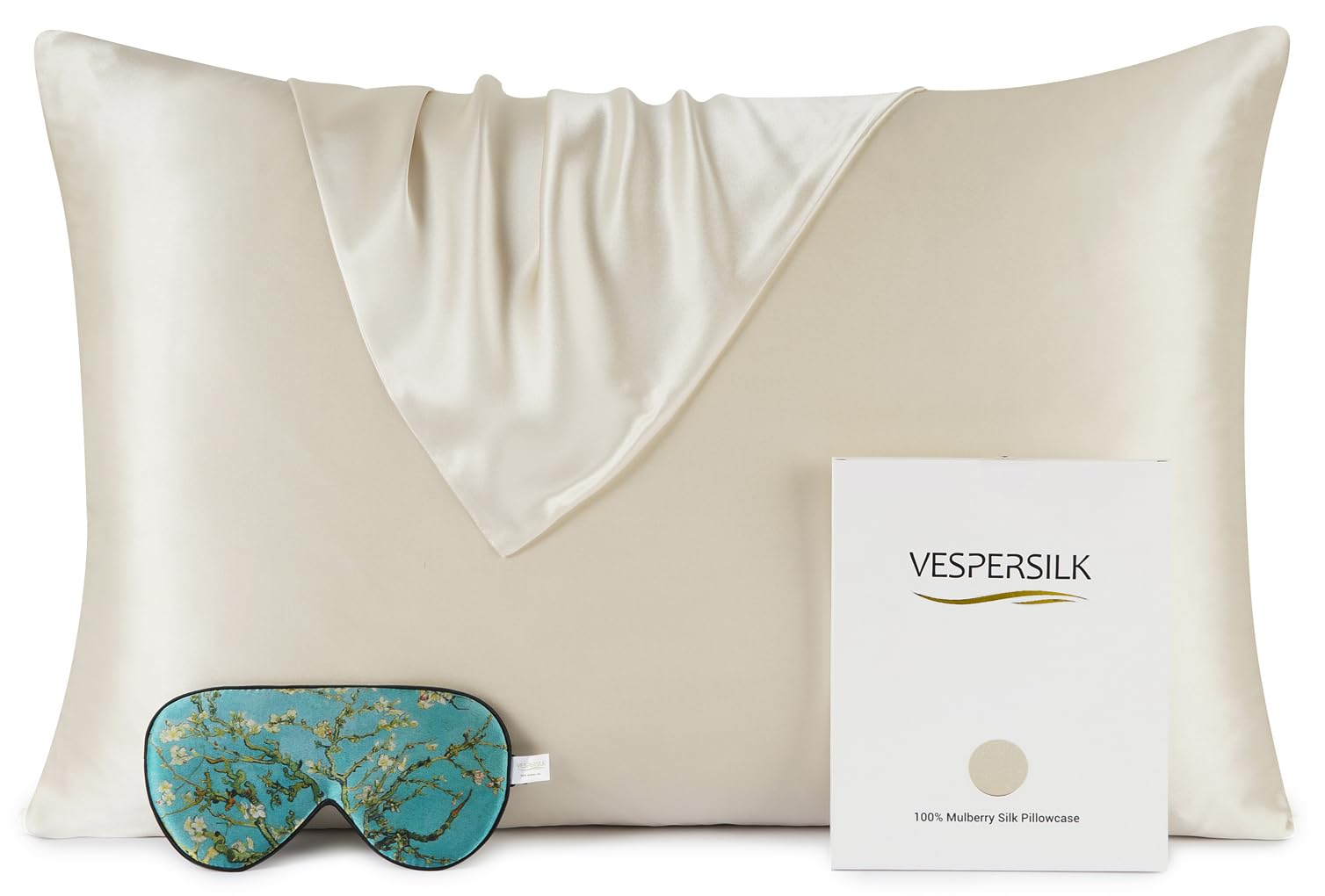 Vespersilk 100% Mulberry Silk Pillowcase & Eye Mask Set for Hair and Skin Health, 19 Momme Grade 6A Organic Silk Both Sides, with Hidden Zipper (Standard 50x75cm, Beige)