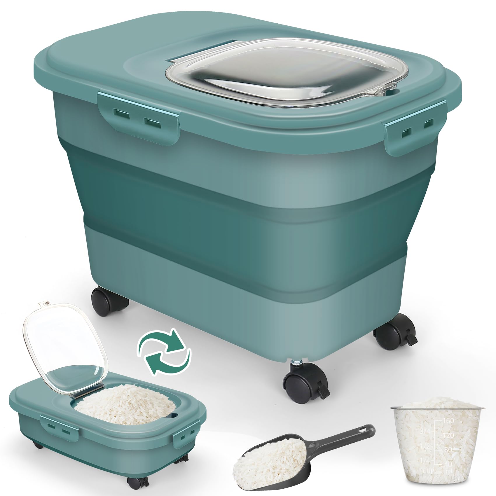 Photo 1 of Rice Storage Container, 20Lbs Flour Container, Airtight Large Pet Dog Cat Food Storage Dispenser Bin with Wheels, Scoop & Measuring Cup, Collapsible Kitchen Dry Food Holder for Rice Cereal Kibble