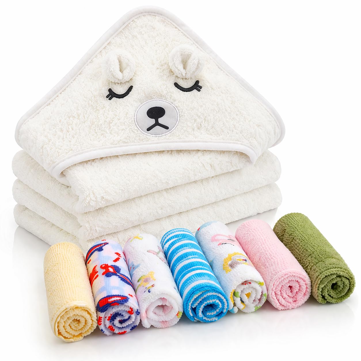 Mordely Baby Hooded Towel Set, 8 Piece Newborn Bath Towel Gift Set with 1 Hooded Towel 80 x 80 cm & 7 Washcloths 22 x 22 cm, Soft Absorbent Baby Bath Towels for Boys Girls Infants Toddlers, Elephant