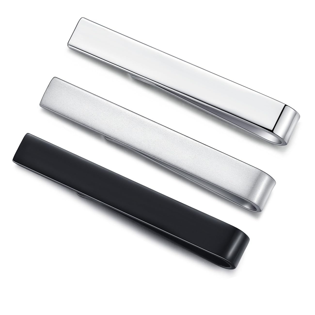 HONEY BEAR 3pcs Mens/Boys Skinny Tie clips Set Tie Bar for Narrow Tie for Business Wedding Gift 4cm (4cm Glossy+Matte Silver+Black with box)