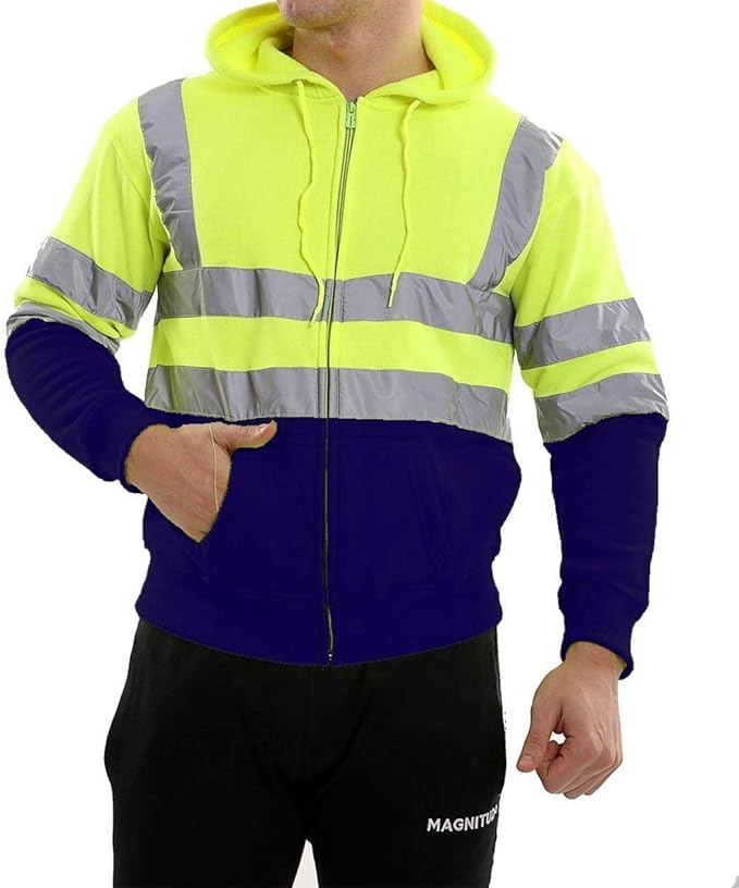 Hi Vis Viz Zip Up Fleece Hooded Hoodie Jacket Mens Sweatshirt(2 Tone
