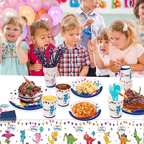 Dinosaur Party Supplies, Complete Party Supplies for Boys and Girls Including Plates, Cups, Napkins, Tablecloth, Banner, Dinosaur Toys, Blowing Dinosaurs, Spoons, Forks and Knives, Serves 24