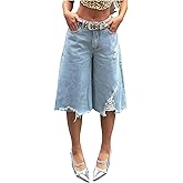 SOLY HUX Women's Summer Ripped Denim Shorts Y2k Wide Leg Baggy Cropped Jeans Capris Pants