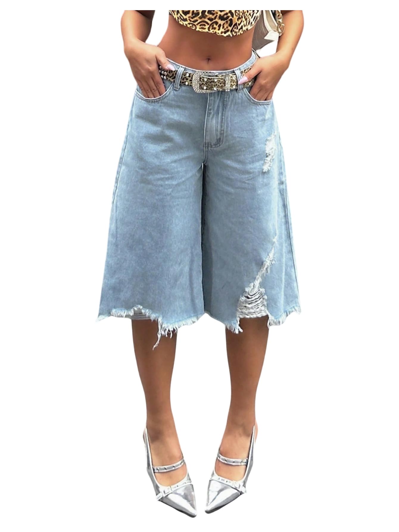Photo 1 of SOLY HUX Women's Summer Ripped Denim Shorts Y2k Wide Leg Baggy Cropped Jeans Capris Pants Plain Light Blue Small