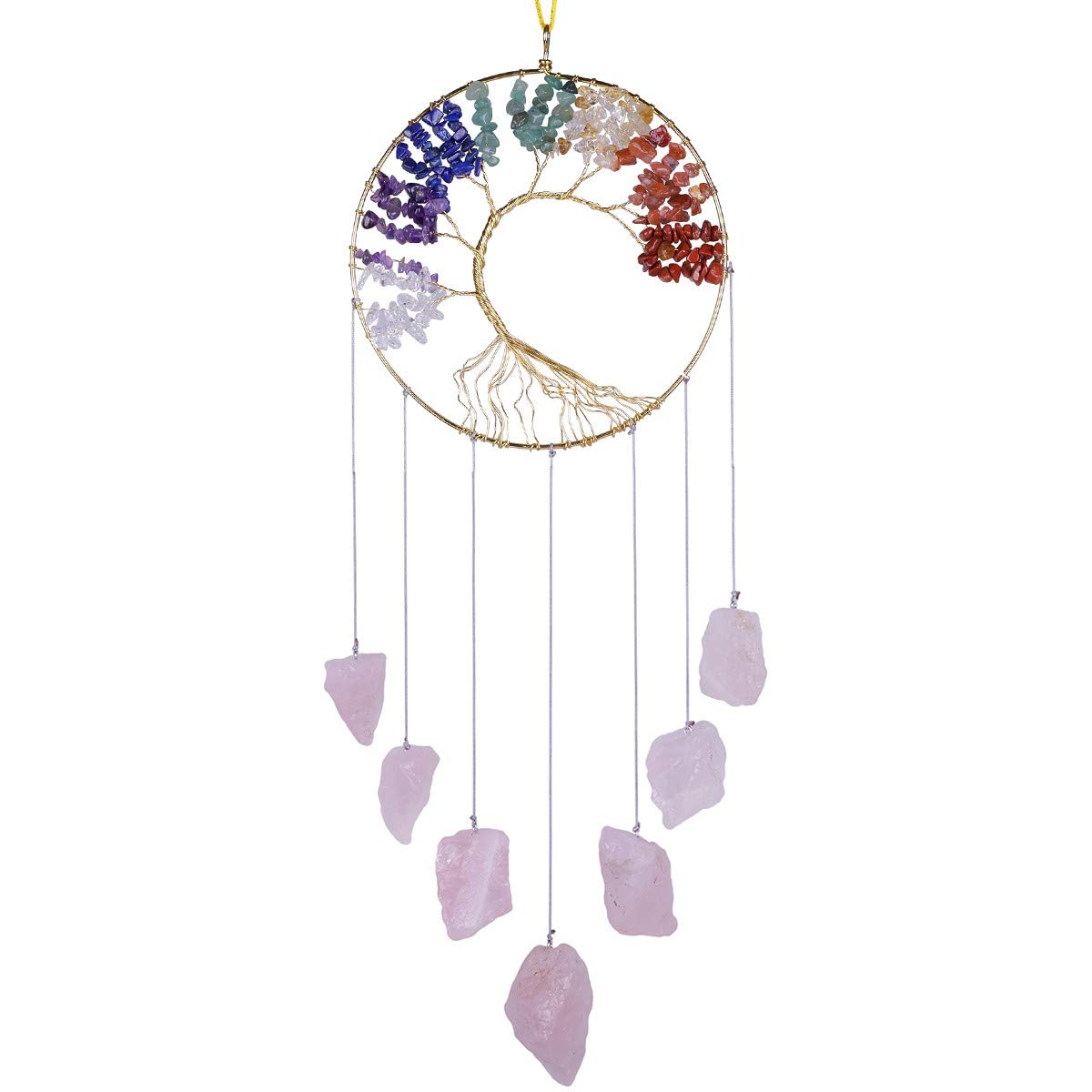 Nupuyai Handmade Raw Stones Wind Chime Tree of Life Gemstones Garden Decoration 7 Chakras Healing Crystals Hanging Ornament Room Decoration Rose Quartz Stone