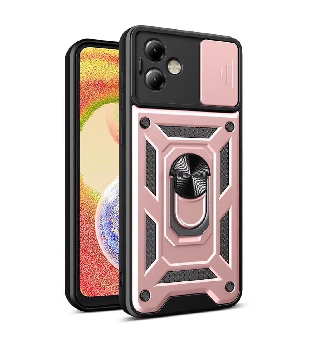 JIAFEI Case for Motorola Moto G54 5G, Dual Layer Anti-Scratch Shockproof Hard TPU+PU Cover, with Slide Camera Cover, with Ring Kickstand, Rose gold