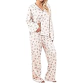 TIKITIDES Womens 2 Piece Fruit Floral Pajamas Button Down Pajama Sets Cute Long Sleeve Wide Leg Soft Pjs Loungewear