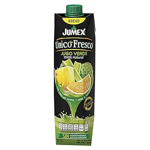 100% NATURAL DELICIOUS GREEN JUICE BLEND WITH PINEAPPLE, CELERY, CACTUS AND ORANGE. JUMEX UNICO FRESCO BRAND 34 FL OZ