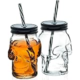 Skull Mason Jar Mug Glass Tumbler Cup with Cover and Straw - 16oz, Set of 2