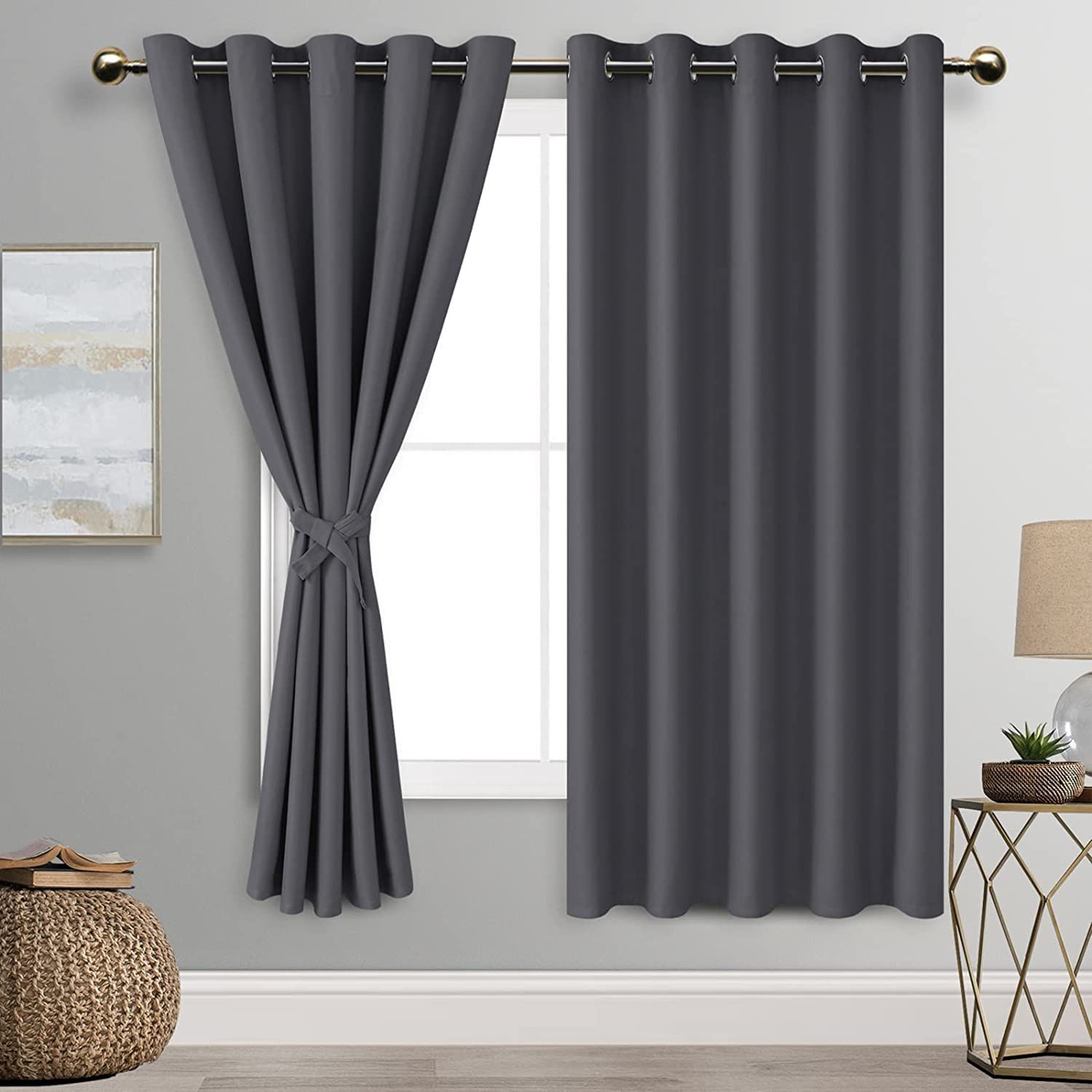 DWCN Dark Grey Blackout Curtains with Tiebacks for Bedroom Thermal Insulated Solid Eyelet Curtains for Living Room,2 Panels,66" Wide x 72" Drop