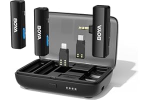 BOYALINK Wireless Lavalier Microphone Dual Channel Clip on Lapel Mic Portable Charging Case Lightning/USB-C/3.5MM Adapter for