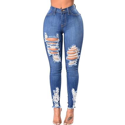 FRAUIT Damen Destroyed Jeanhose Denim Loch Weibliche Hohe Taille Stretch Dünne Sexy Bleistift Hosen Pflegeleicht Modische Ver