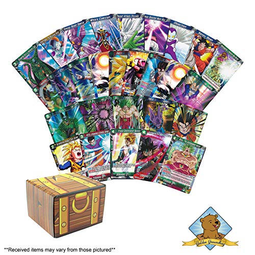 Dragon Ball Super Lot of 100 Cards - Random Rares - Super Rares - Promos and More! Includes Golden Groundhog Treasure Chest Storage Box!