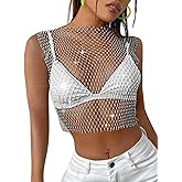ChiaoLezhee Iridescent Rhinestone Crop Top, Rave Concert Festival Outfits Women, Sexy Sparkly Fishnet Tanks, Sheer Mesh Shirt