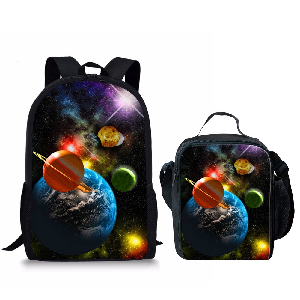 HUGS IDEA 2 Pcs Planet Printing Backpack for Kids School Shoulder Bag Lunchbag