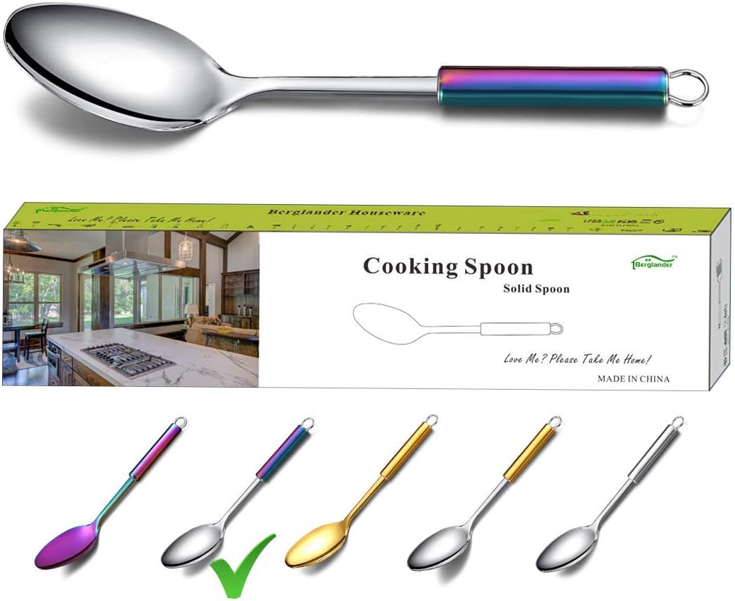 Berglander Solid Spoon, Stainless Steel Solid Cooking Spoon, Solid Serving Spoon, Kitchen Spoons, Spoon for Cooking, Basting Spoon Non-Stick And Heat Resistant, Dishwasher Safe (Silver): Kitchen & Dining