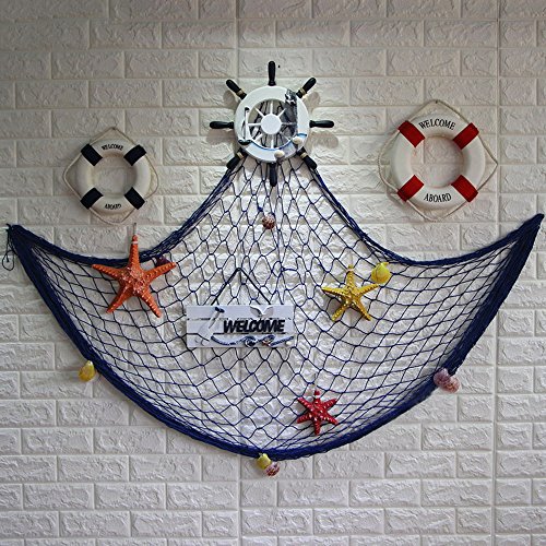 Decorative Fish Net Blue Yagote Mediterranean Style Nautical Decorative Fishing Net with Shells for Home Party Room Decoration 1.5 X 2meter Blue