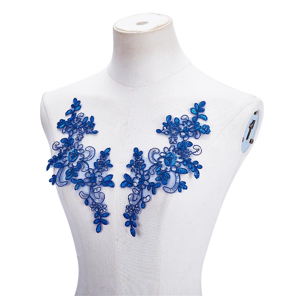 HOBBIESAY 8Pcs Flower Embroidery Sequin Lace Applique Blue Polyester Floral Patch Sewing Craft Decoration Appliques Repair Patches for Wedding Dress Gown Bodice Costume Clothing Craft DIY
