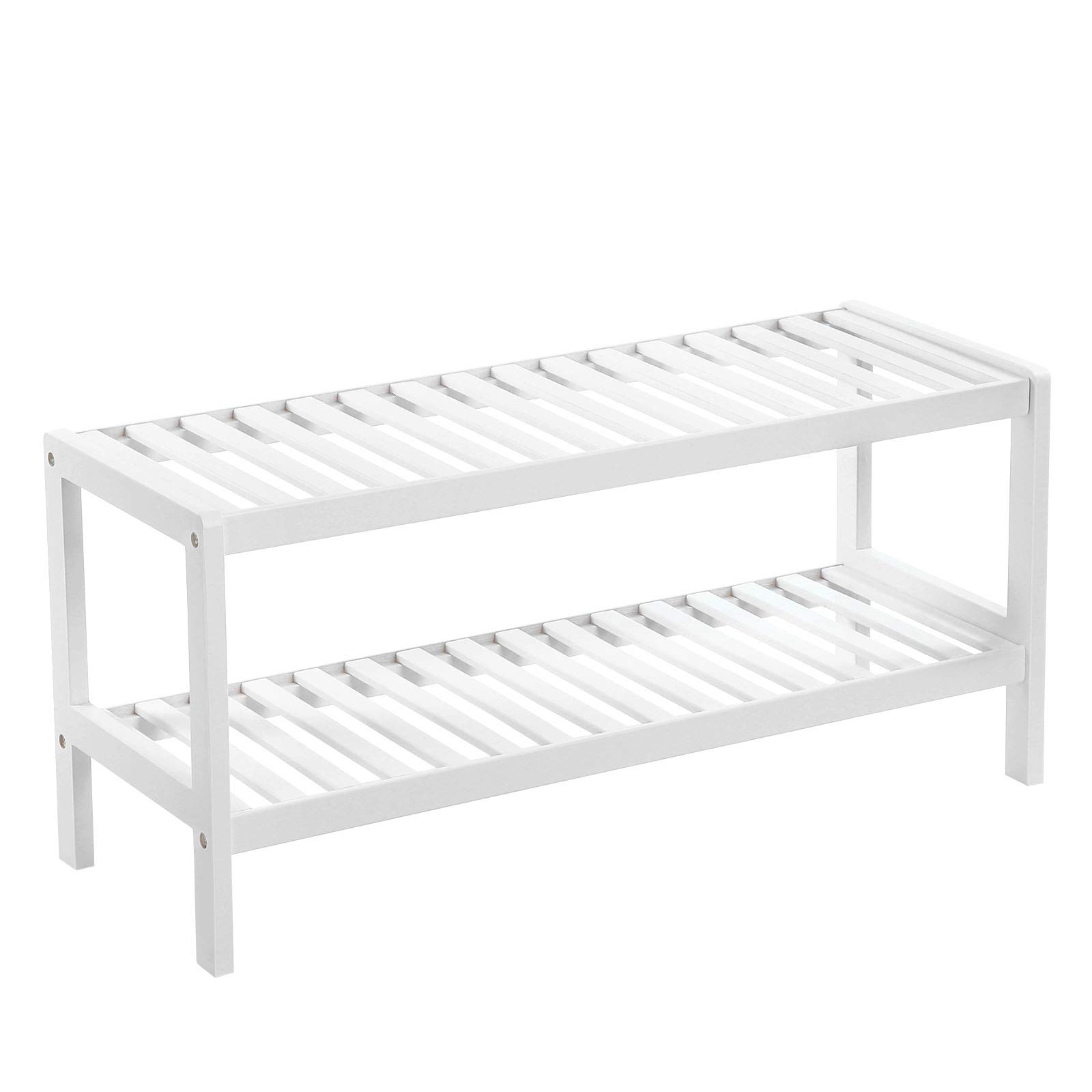 SONGMICS 2 Tier Bamboo Shoe Rack, Shoe Bench, Entryway, Living Room, Bathroom, 70 x 26 x 33 cm, White LBS02WT
