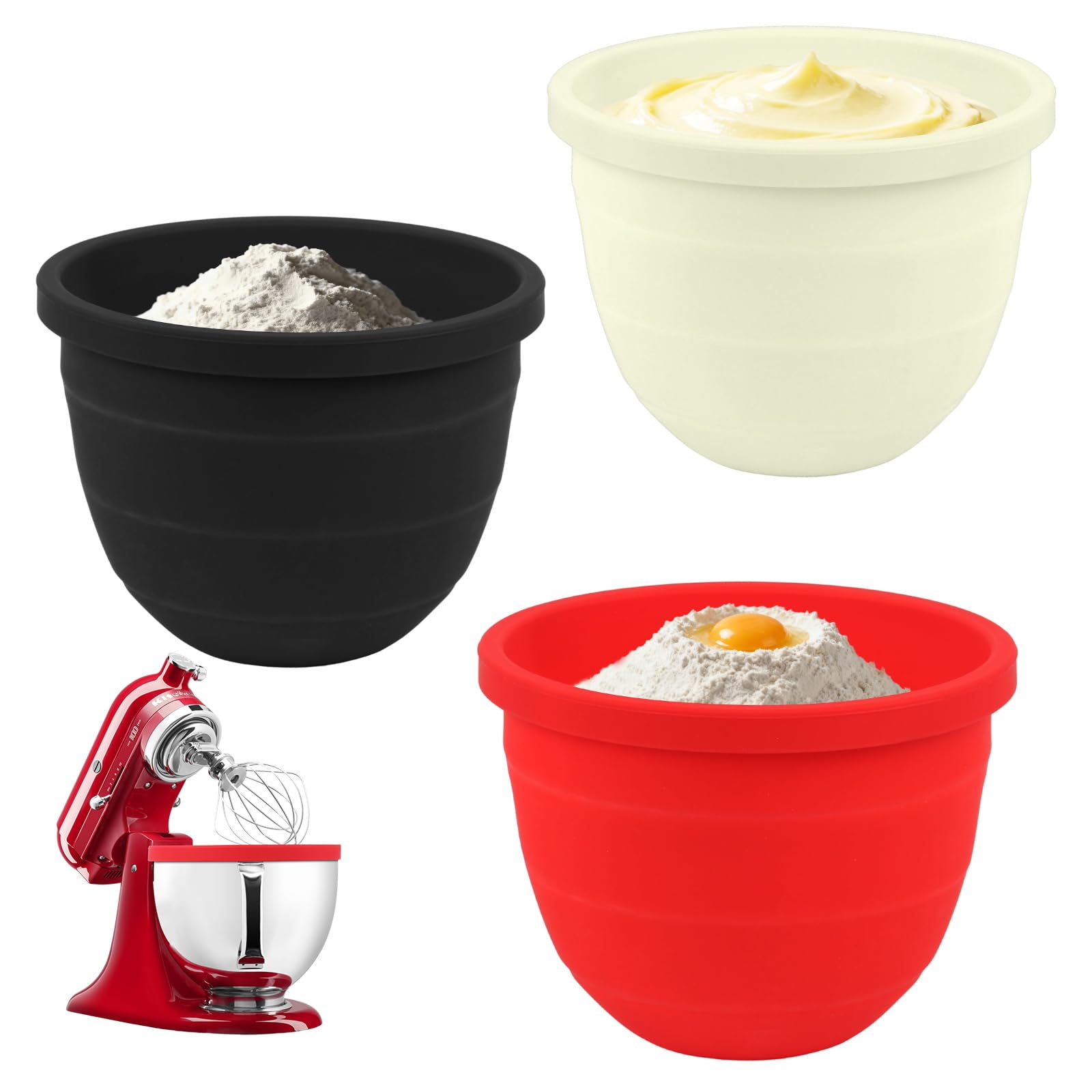 Photo 1 of 3 PCS Foldable Silicone Liners for Kitchenaid Tilt-Head 5 QT Mixer - Dishwasher-Safe Food-Grade Silicone Bowl Insert - Simple to Use Mixer Accessories for Effortless Baking Prep (Black+Off-White+Red)