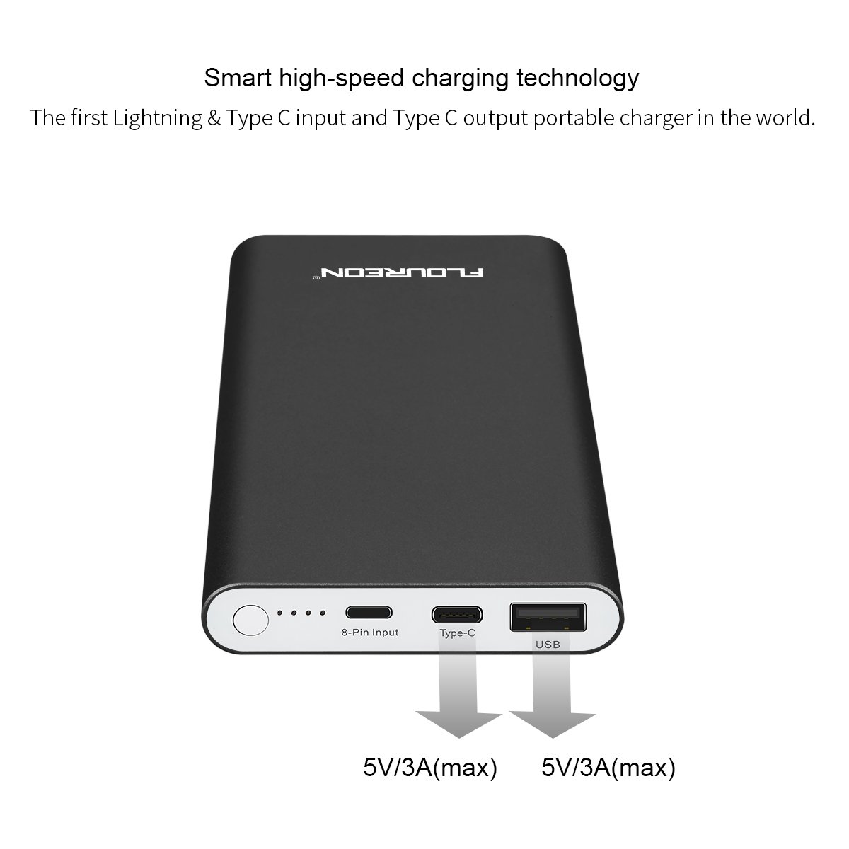 FLOUREON 12,000mAh Lighting Power Bank Portable Type C Phone Charger High-Speed Type C Input/Output Support 3A Fast Charging for iPhone XS MAX/X/8/7/6s, iPad and Samsung Galaxy S8/ S7/ S6 and More (Black)