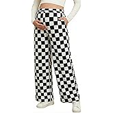 BLENCOT Womens Casual Checkered Pants for Maternity Elastic Waist Wide Leg Pants Grid Pregnant Trousers with Pockets