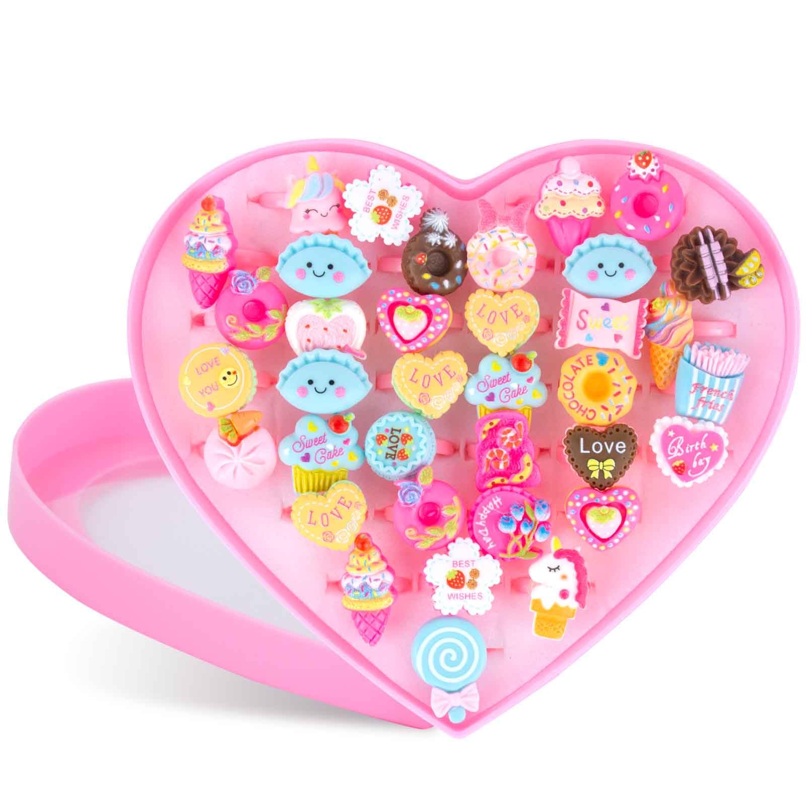 MUNSKT 36PCS Toy Ring for Girls, Resin Jewelry Set Princess Finger Rings with Heart Shape Box, Cute Cartoon Candy Cookie Ice Cream Cake Dress Up Supplies Birthday Party Gifts, No Duplication