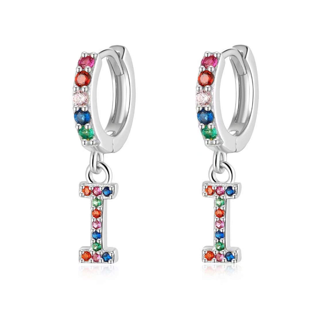 Qings Initial Drop Earrings, Colorful Earrings I Initial Earrings 925 Silver Earrings Pretty CZ Earrings Cute Hoop Earrings for Girls Women Birthday Gifts