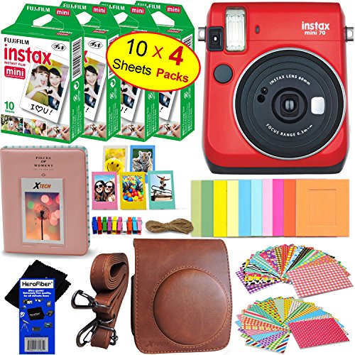 Fujifilm instax mini 70 Instant Film Camera (Passion Red) + Fujifilm instax mini Instant Film (40 sheets) + Custom Case + Assorted Frames + Photo Album + 60 Colorful Sticker Frames + HeroFiber