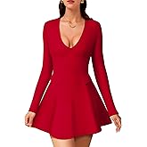 DAAWENXI Long Sleeve Dress for Women Casual Fall 2026 Deep V Neck A Line Party Night Out Mini Dress