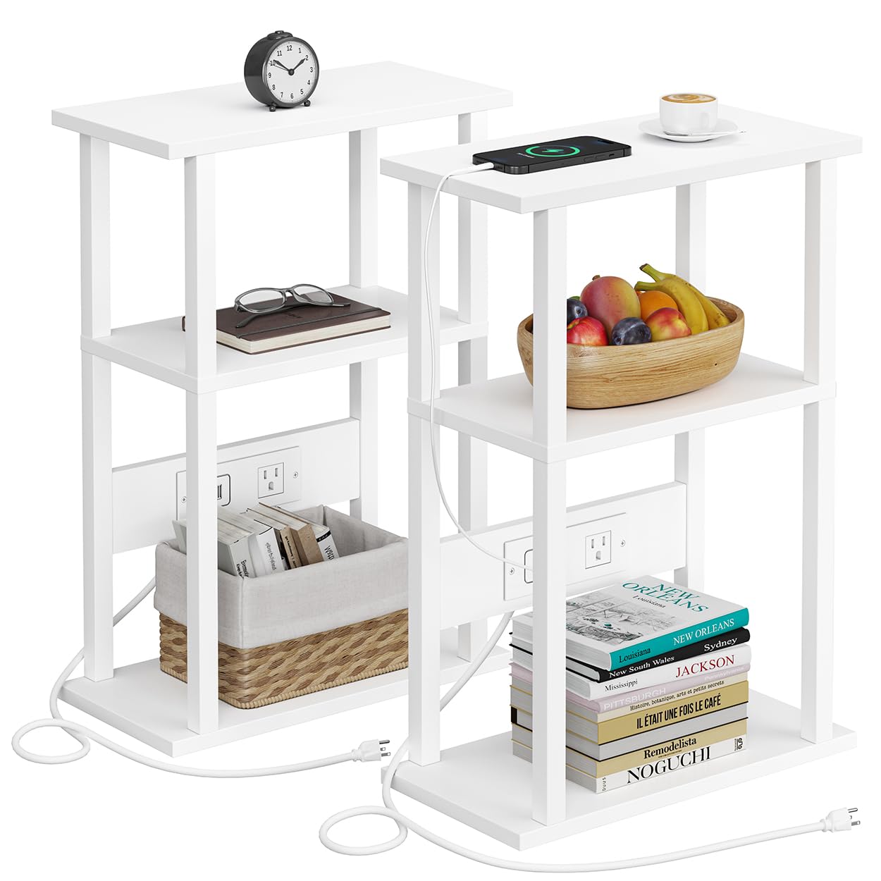 Photo 1 of VIMBER Narrow Side Table with Charging Station, 2 Set Skinny End Table for Small Spaces, Sofa Beside Tables with Storage Shelf, Slim Nightstand with USB Ports Outlet, Couch Table White UTBT003W2