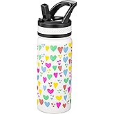 Fanhaw 18 Oz Kids Insulated Water Bottle with Straw - Stainless Steel Double Wall Vacuum Cup, Leakproof, BPA Free, Suitable for Boys and Girls(White - Rainbow Hearts)