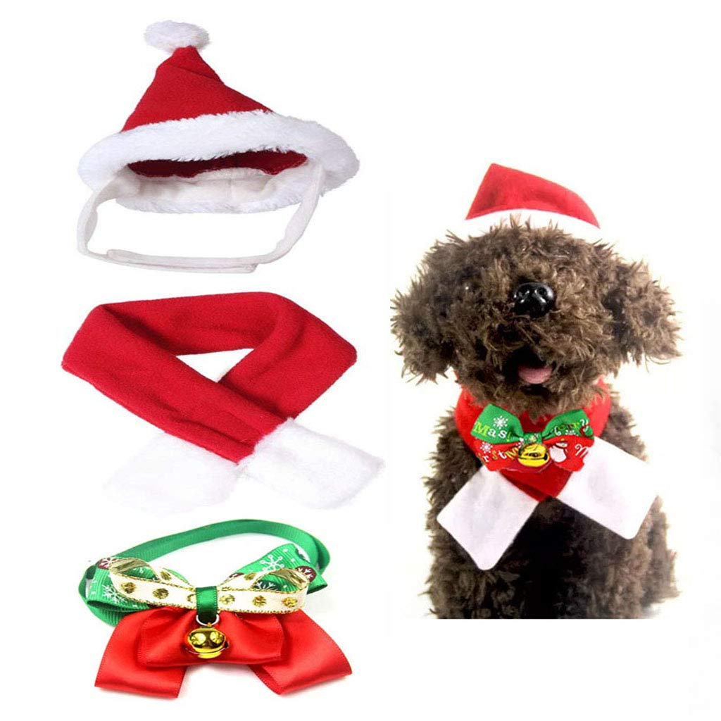LIZHIGE 4 Pieces Christmas Pet Hat Scarf Collar Bow Tie Bell for Small Dogs Cats Pet, Pet Christmas Costume for Cats and Small Dog