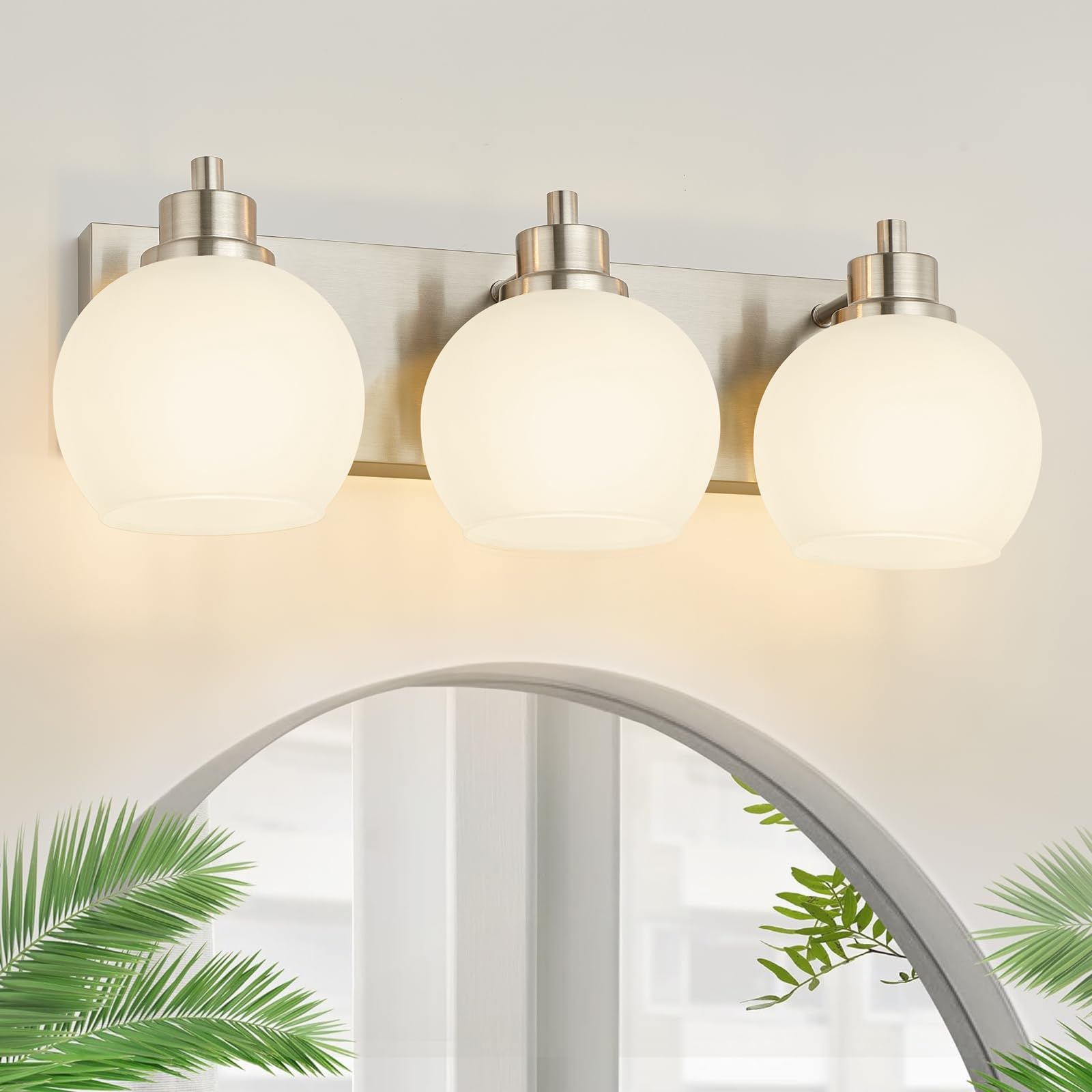 Photo 1 of Tuscarora Bathroom Light Fixtures, Brushed Nickel Vanity Light 3 Light with Milk Glass Shade, Over Mirror Lighting for Bathroom