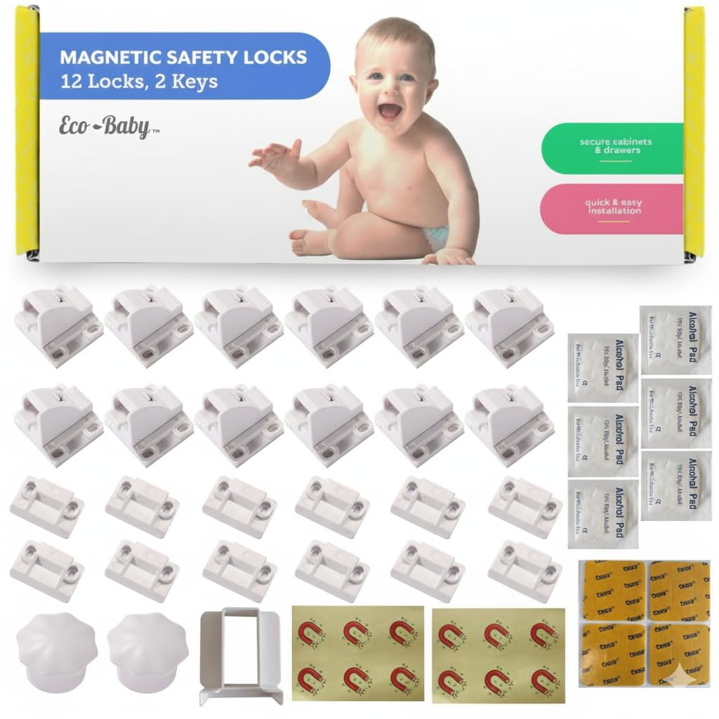 Eco-Baby Cupboard Locks for Children- Pack of 12 Magnetic, Child Safety Lock Latches with 2 Keys for Kitchen Cupboards and Drawers - Baby Safety Products - White