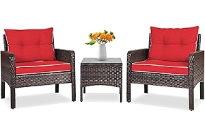 Tangkula 3 Piece Outdoor Patio Furniture Set, Wicker Chairs Set with Glass Top Coffee Table, Thick Cushions, All Weather Garden Lawn Poolside Backyard Porch Furniture Set for 2 (Red)