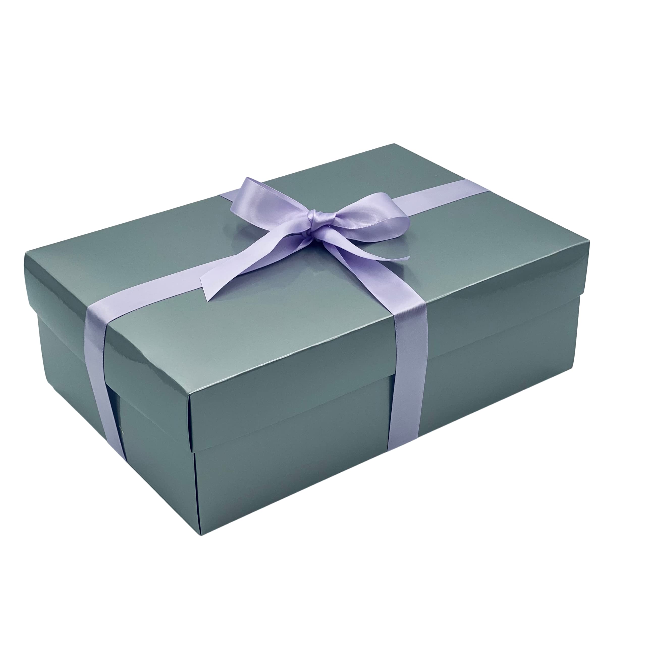 Silver Gift Box with Lid | Pick Your Ribbon Colour | Large Memory or Hamper Boxes | Flat-Packed Gift Boxes for Presents, Birthday or Baby Gifts | Size 30x20x10cm (Lilac Ribbon 40)