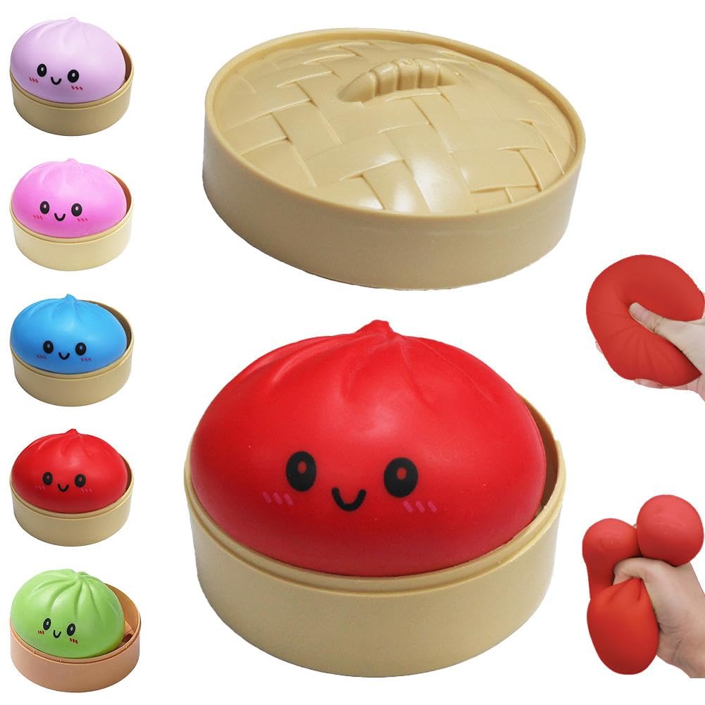 Dumpling Squishies, Glitter Dumpling Squishy Box, Colorful Dumplings Stress Balls Fidget Sensory Toy, Anxiety Relief Fidget,Easter Basket Stuffers, Sensory Stress Ball Squeeze Toys (Red)
