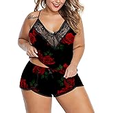 XAKALAKA Women Plus Size Pajamas Cami Shorts Set Nightwear Sexy Lace Lingerie Sleepwear