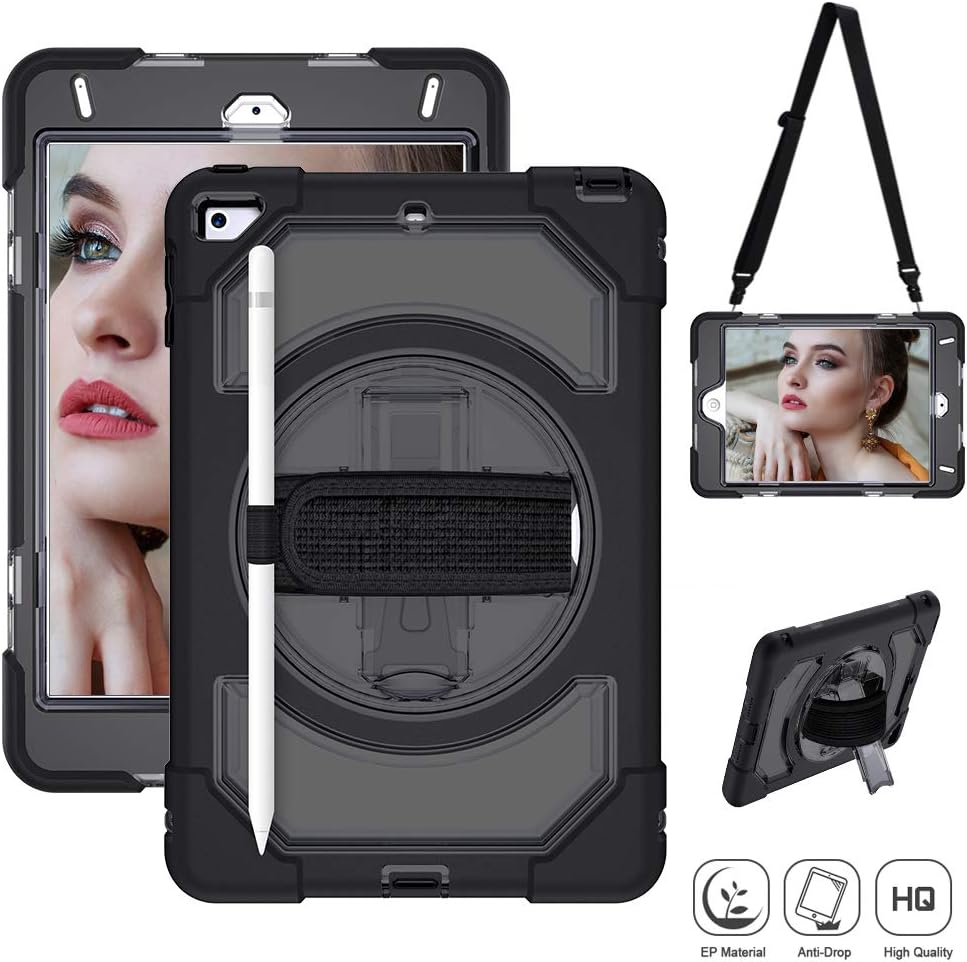 SUPFIVES iPad Mini 5th Generation Case 2019 iPad Mini 4 Shockproof Kid Case Heavy Duty with Adjustable Hand Strap Shoulder Strap Pencil Holder 360 Swivel Stand for iPad Mini 5 and Mini 4 (Black)