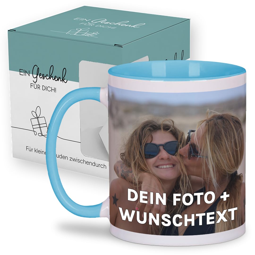 Personalisierte Tasse | personalisiert mit Foto oder Text | Tasse mit Bild | Geschenkidee | Fototasse | Bürotasse oder für Zuhause | Spülmaschinenfest | Blau mit Geschenkkarton Geschenk