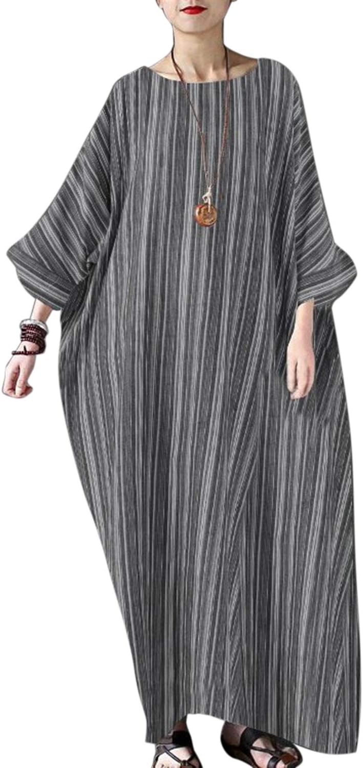 Women's Cotton Linen Dresses Plus Size Long Kaftan Dresses with Pockets