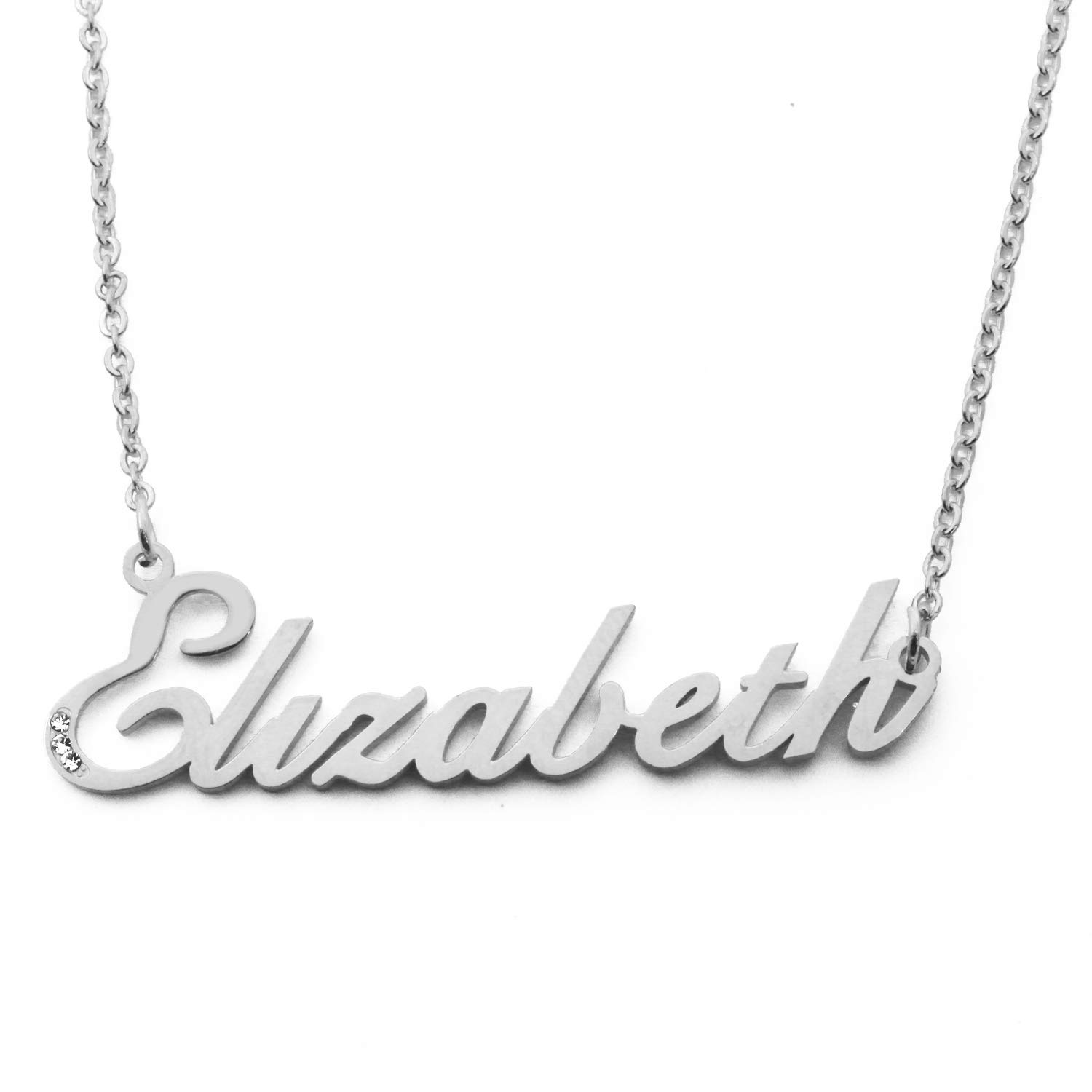 Kigu Elizabeth Personalised Name Necklace - 18ct Silver Tone Plated - Custom Jewellery - Incl Gift Packaging