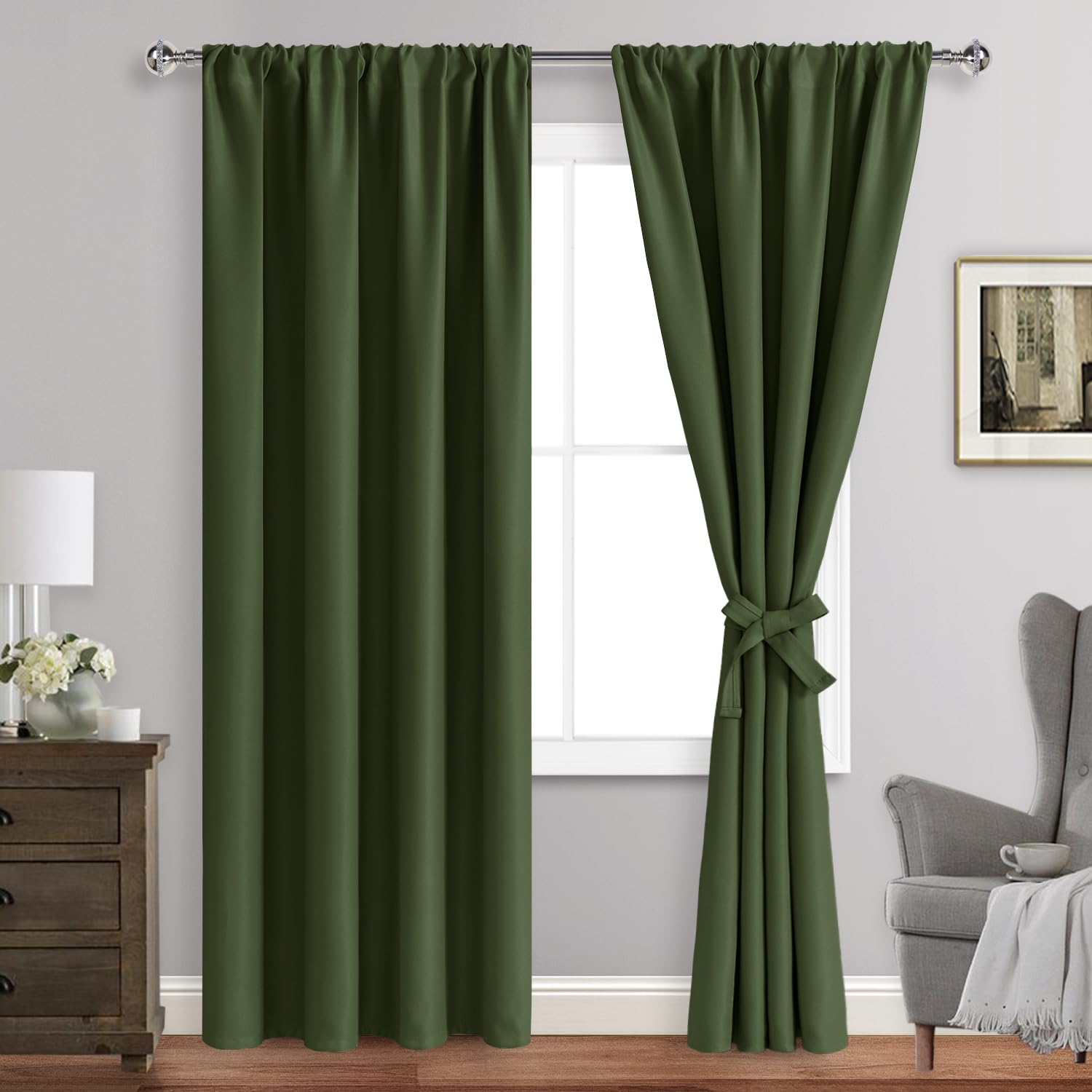JIUZHEN Christmas Blackout Curtains for Bedroom - Thermal Insulated Room Darkening Rod Pocket Curtains for Living Room, Set of 2 Panels with Tiebacks, 42 x 84 Inch Length, Olive Green Image