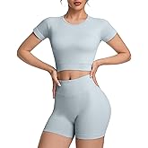 OVESPORT 2 Piece Workout Sets for Women Impact Crop Top Shirts and Seamless Gym Shorts Outfits