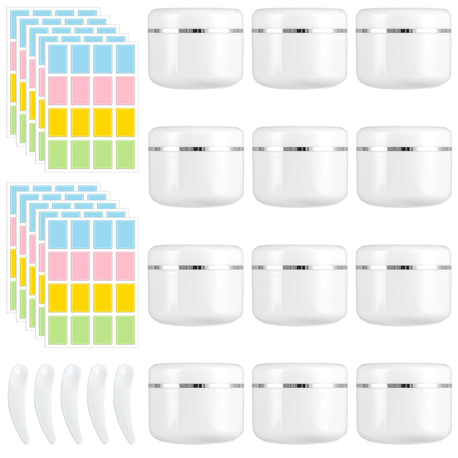Omevett 12pcs 50ml Cosmetic Sample Jars with Lids & Inner Liners,Refillable Travel Pots for Toiletries,Creams,Makeup,Nail Art Includes 5 Spatulas& 10 Labels,Plastic White Travel Containers