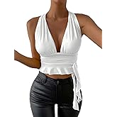 SOLY HUX Women's Sexy Deep V-Neck Halter Crop Top Summer Beach Vacation Clothes Y2K Trendy Tank Top for Going Out Party