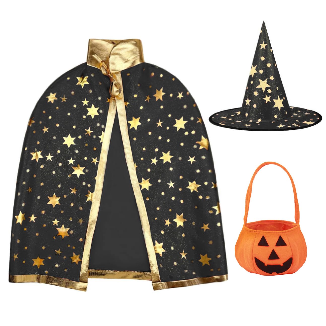 Naichuo Halloween Wizard Cape Witch Star Pattern Costume Cloak with hat for Boys Girls Children Kids Role Play Cosplay Party(Black)